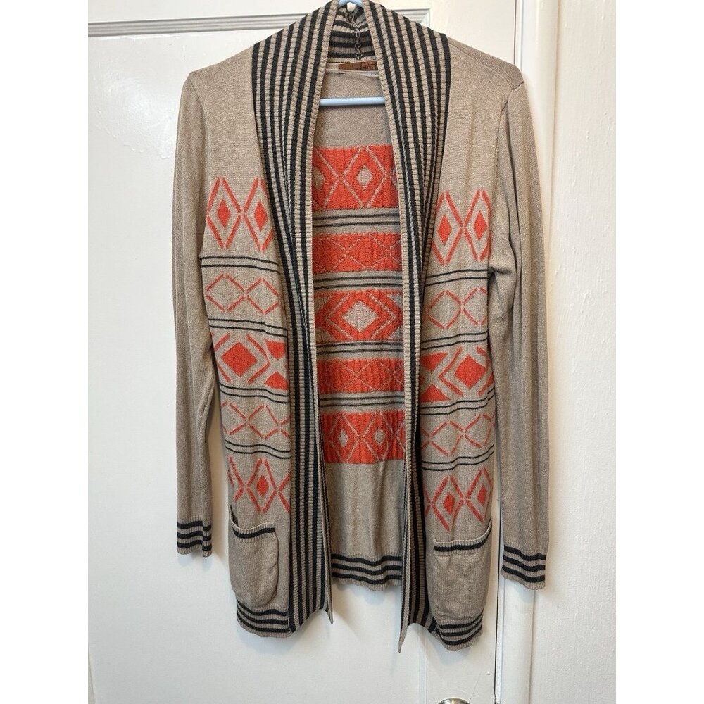 Belldini Women’s Open Front Cardigan M Tan Coral Geometric Knit Boho Sweater